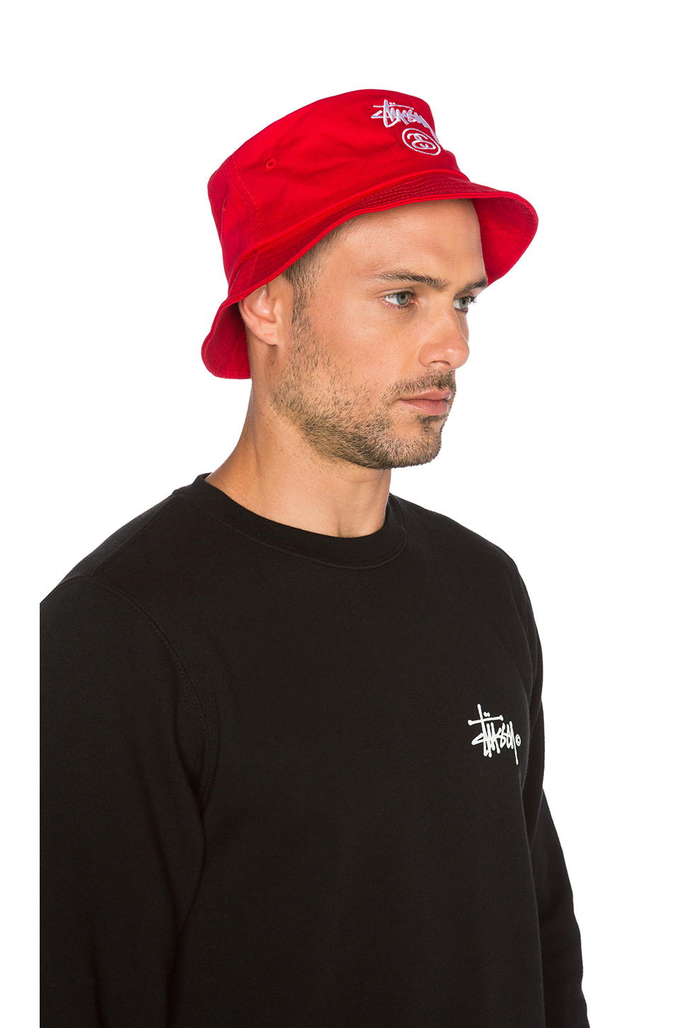 stussy red bucket hat