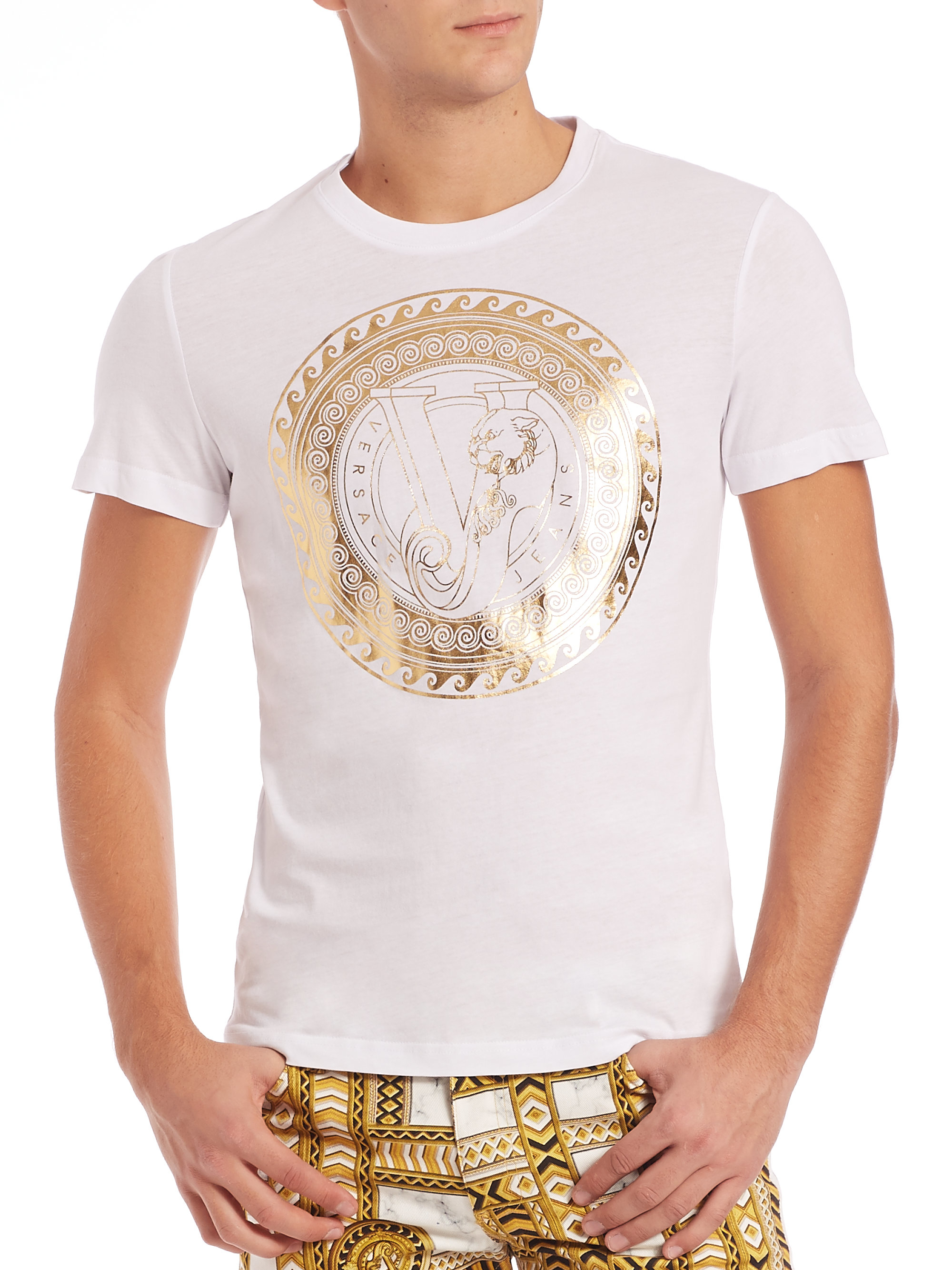 Versace Jeans Cotton Medallion Print T Shirt In White Gold White For