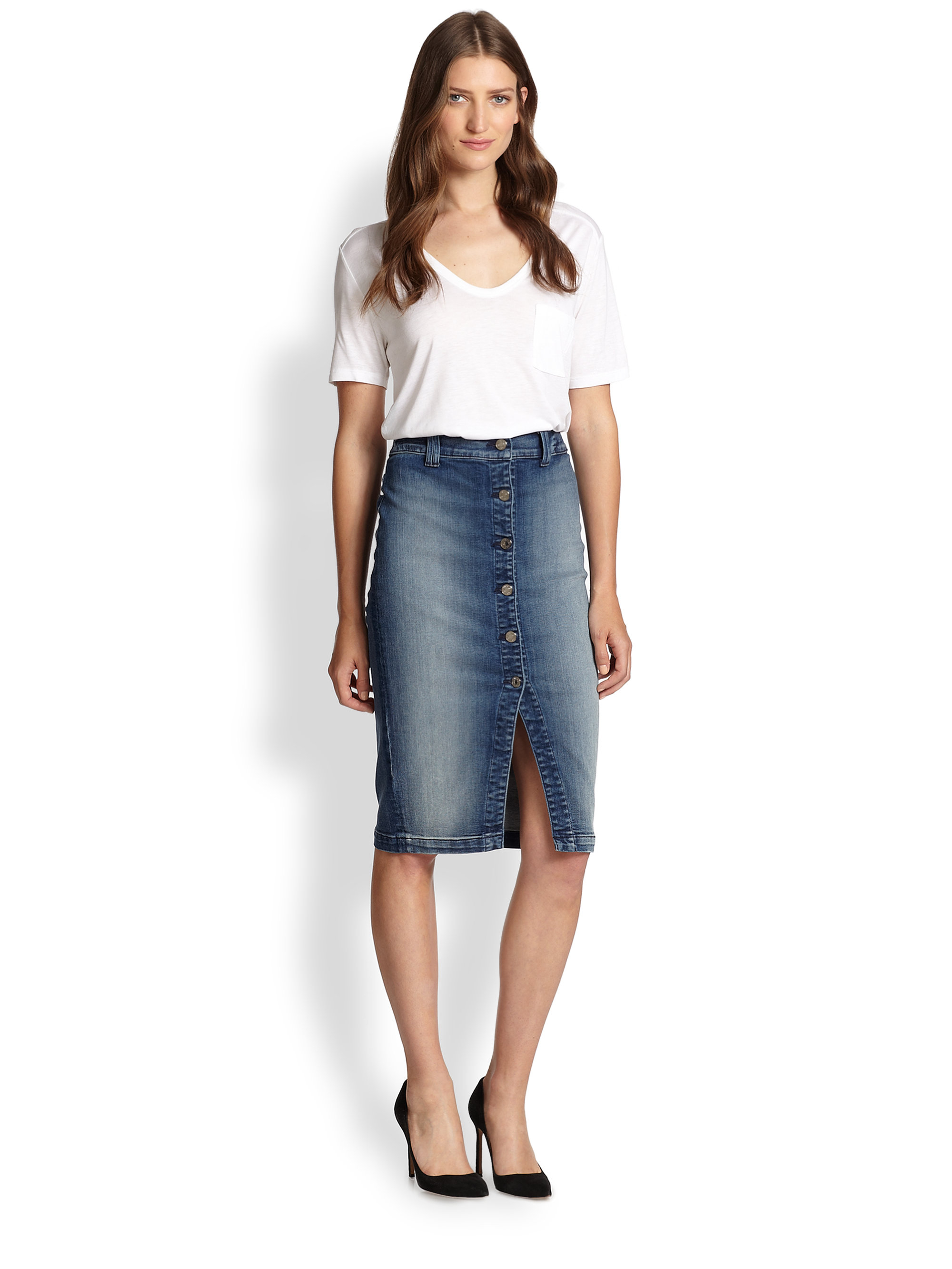 7 For All Mankind Buttonfront Stretch Denim Pencil Skirt in Blue | Lyst