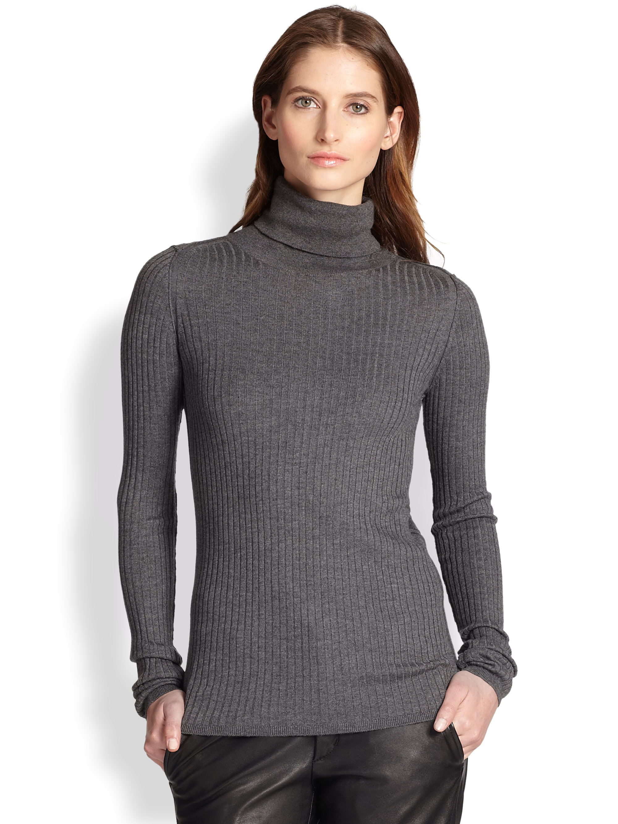 Vince Ribbed Cashmere Blend Turtleneck Sweater  in Gray Lyst