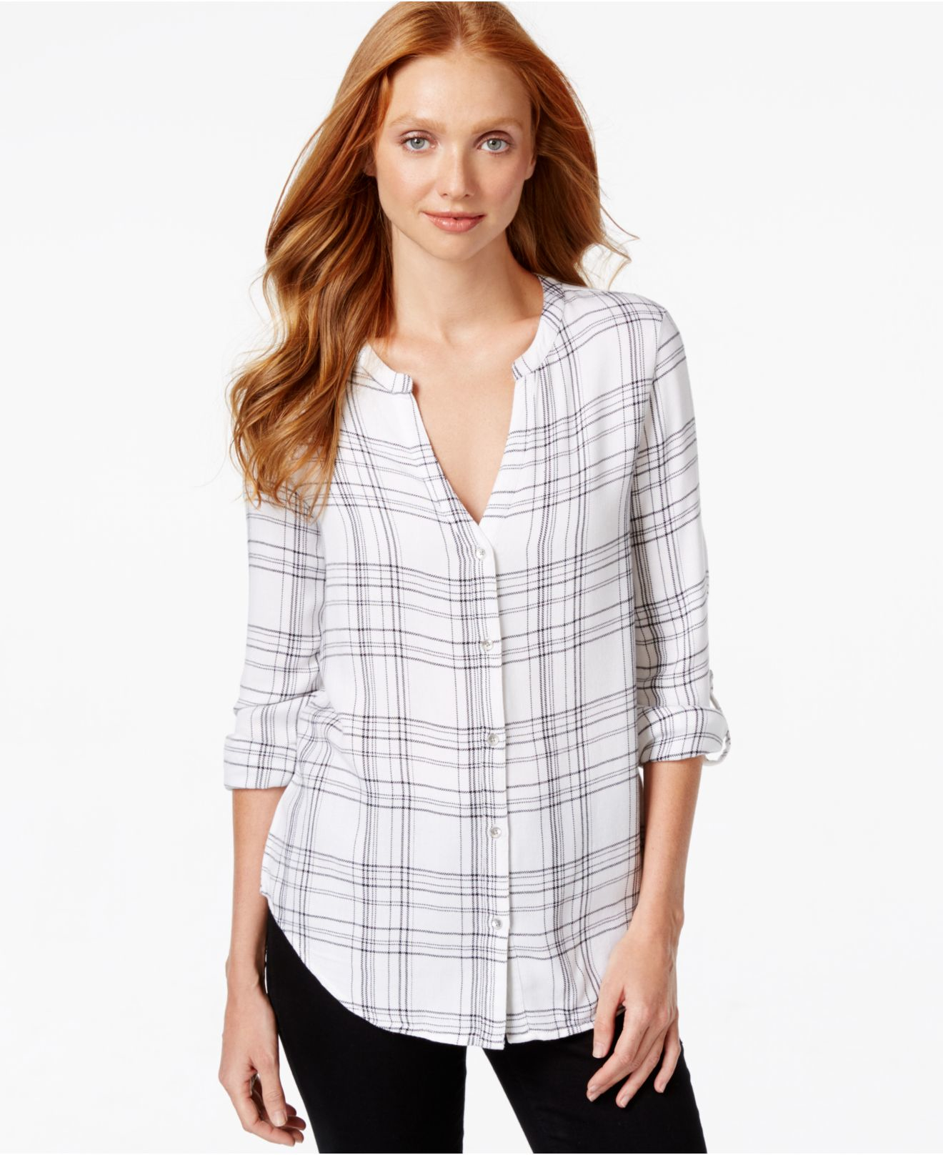 Calvin Klein Vneck Plaid Shirt in White (Gray) Lyst