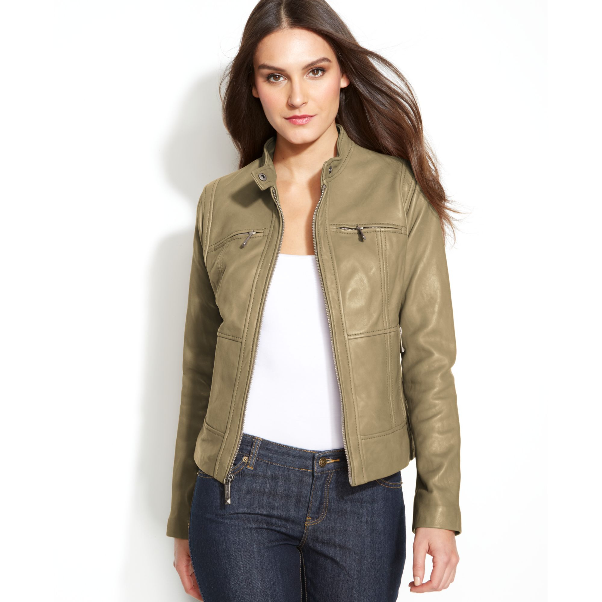 Michael kors Michael Seamed Zipfront Leather Jacket in Green | Lyst