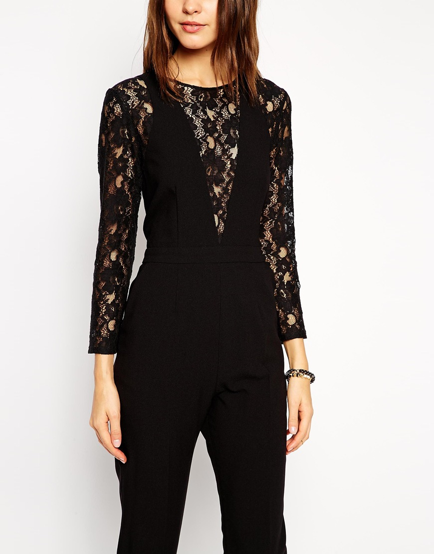 Asos Jumpsuit In Lace With Longsleeves in Black | Lyst