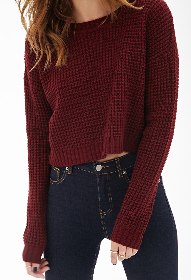 Forever 21 Cropped Waffle Knit Sweater in Red | Lyst