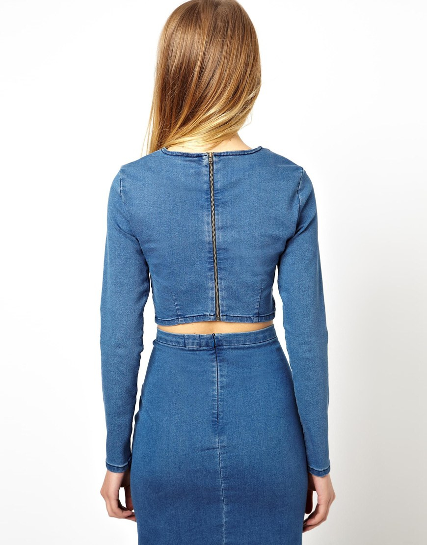 ASOS Long Sleeve Denim Crop Top In Mid Vintage Wash in Blue Lyst