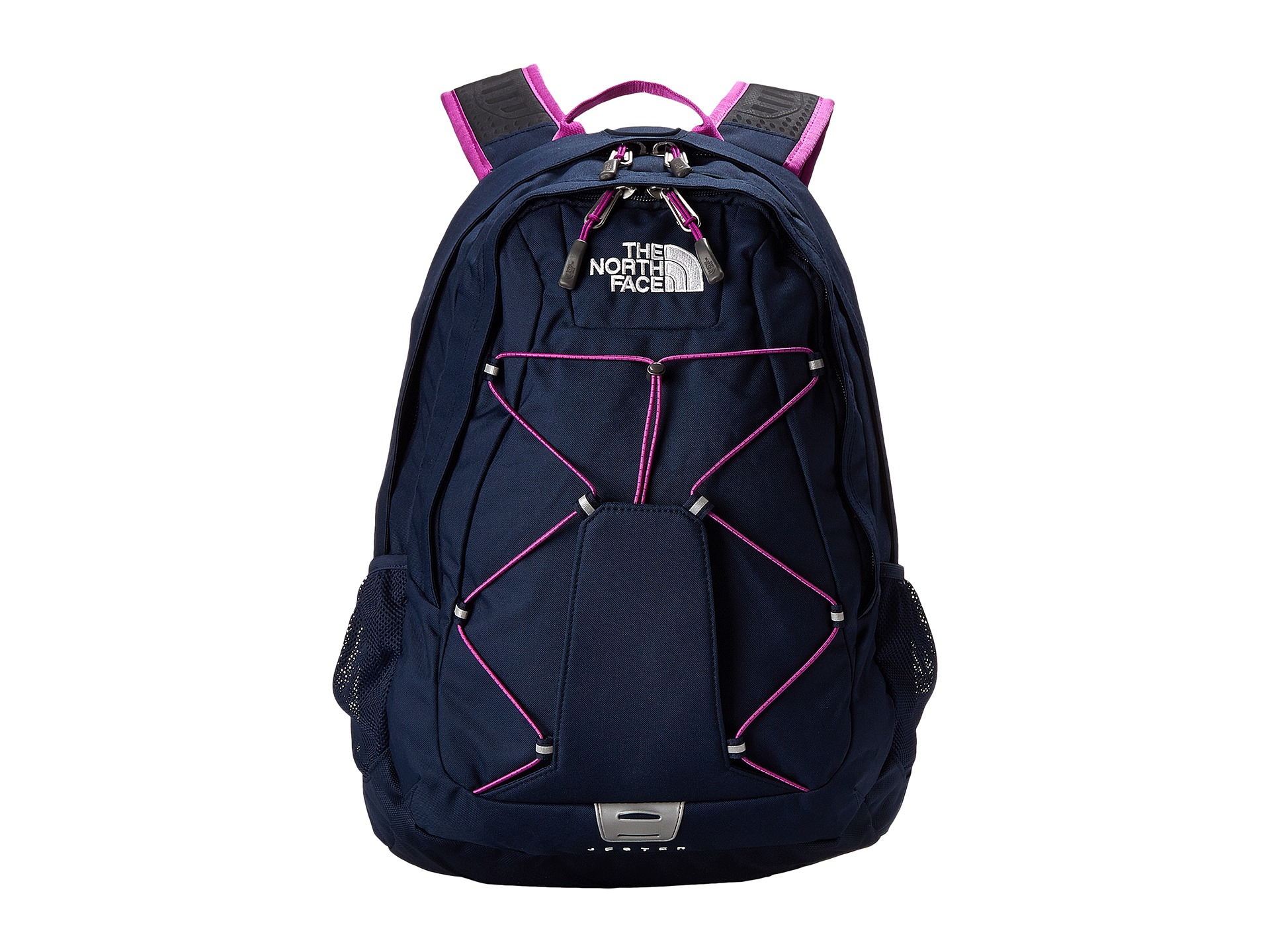 navy blue and pink north face backpack