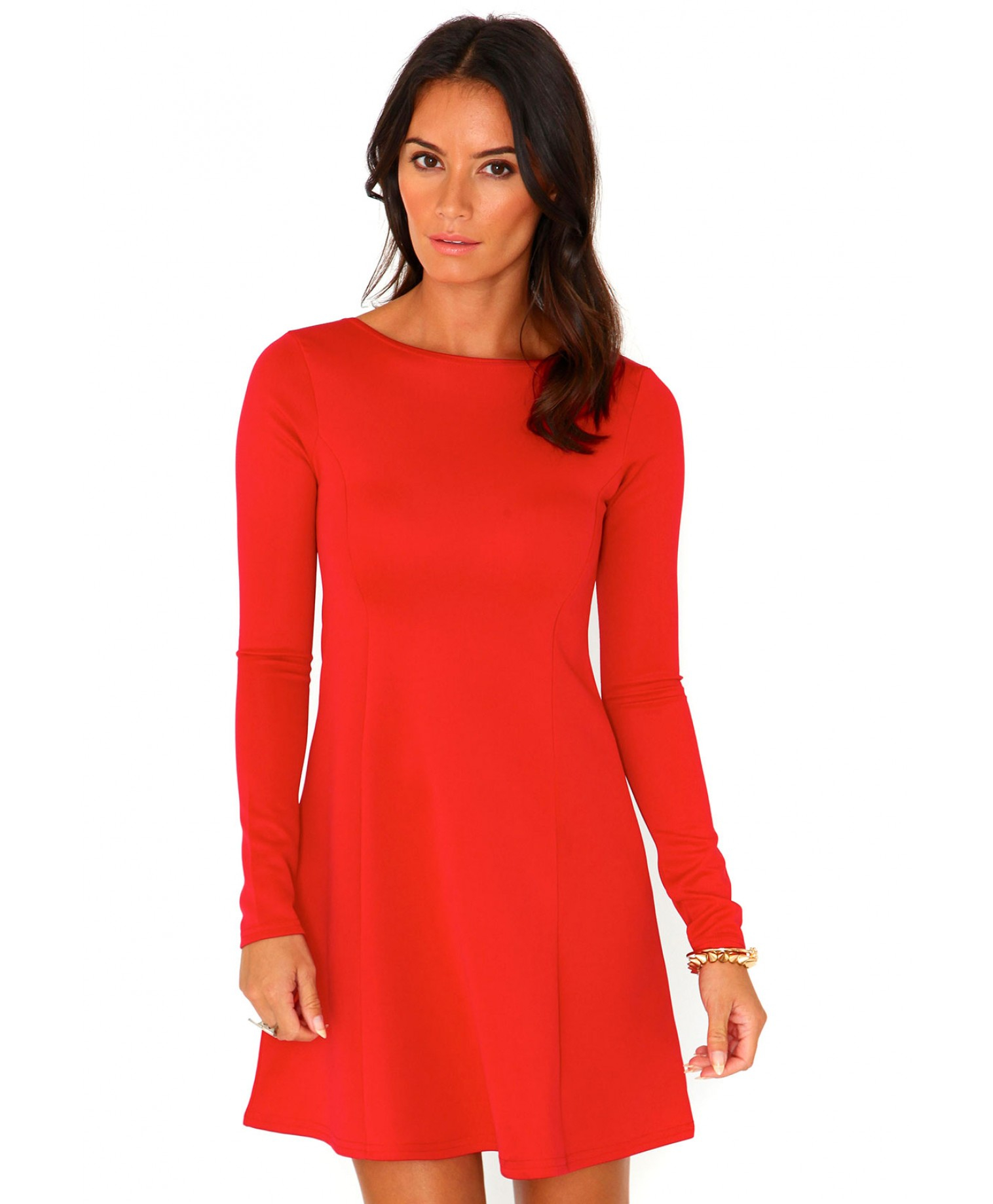 red long sleeve swing dress