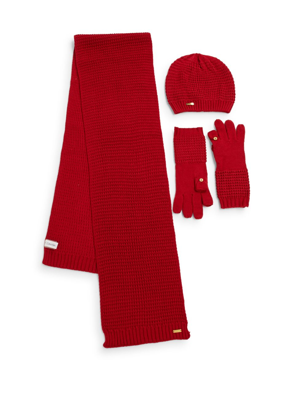 Calvin klein Waffle Knit Hat, Scarf & Tech Gloves Set in Red | Lyst