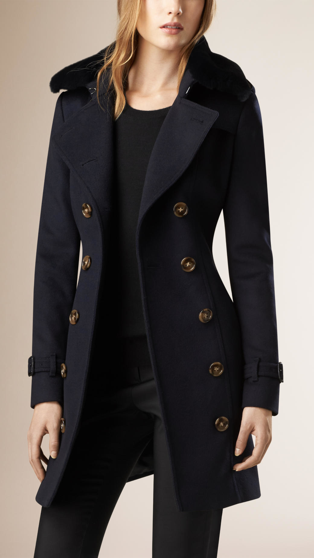 Burberry Fur Collar Wool Cashmere Trench Coat in Blue | Lyst