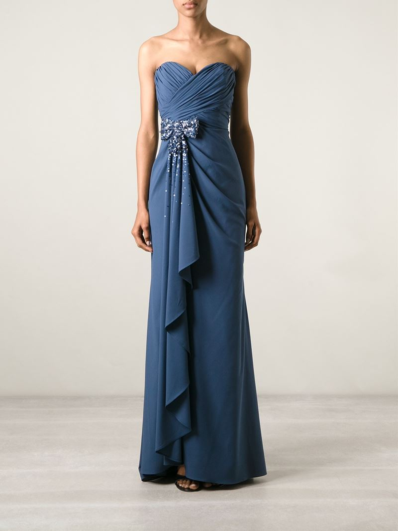 badgley mischka strapless bow front gown