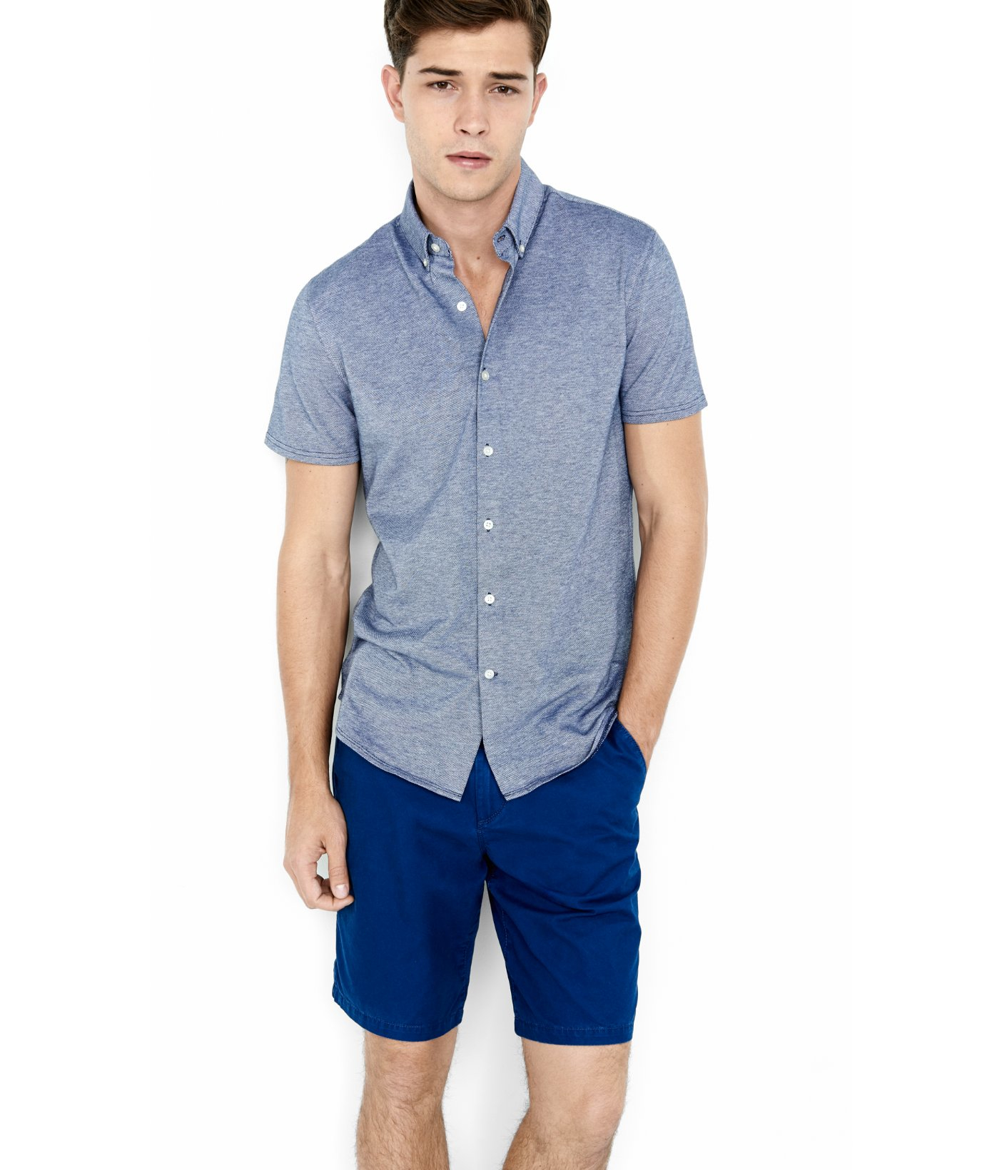 Express Pique Knit Short Sleeve Button Down Collar Shirt in Blue for ...
