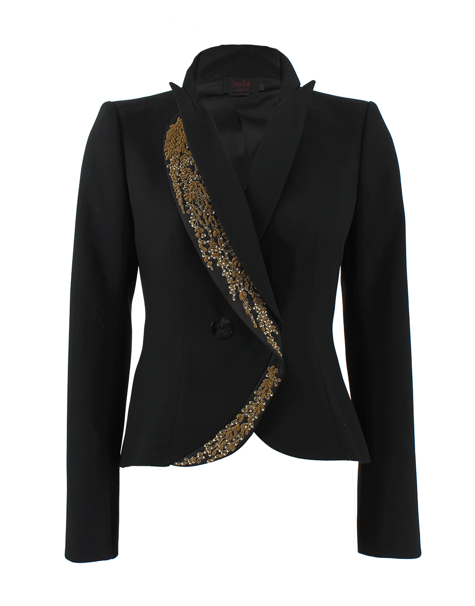 black blazer with gold embroidery