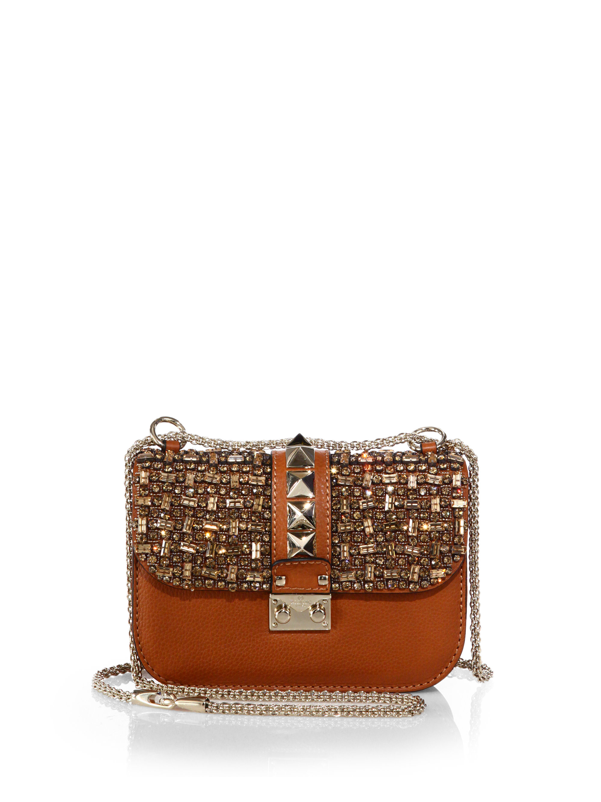 Valentino Embellished Glam Lock Shoulder Bag in Brown (COGNAC) | Lyst