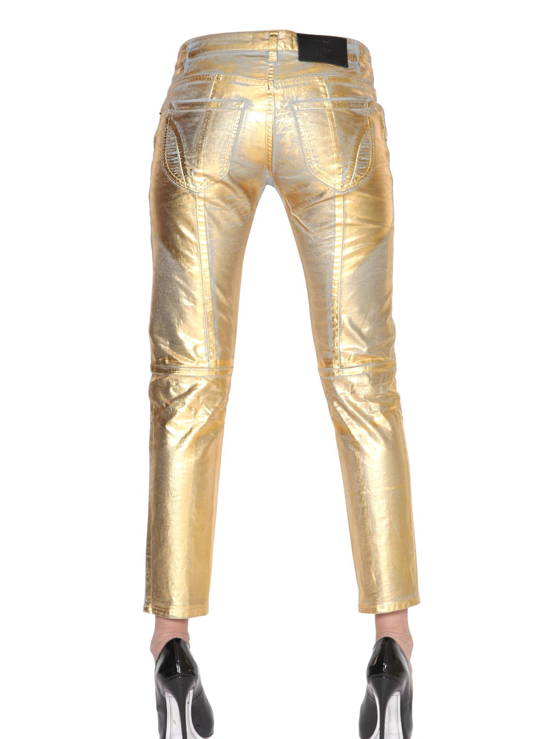 Balmain Stretch Coated Cotton Denim Jeans in Gold (Metallic) Lyst