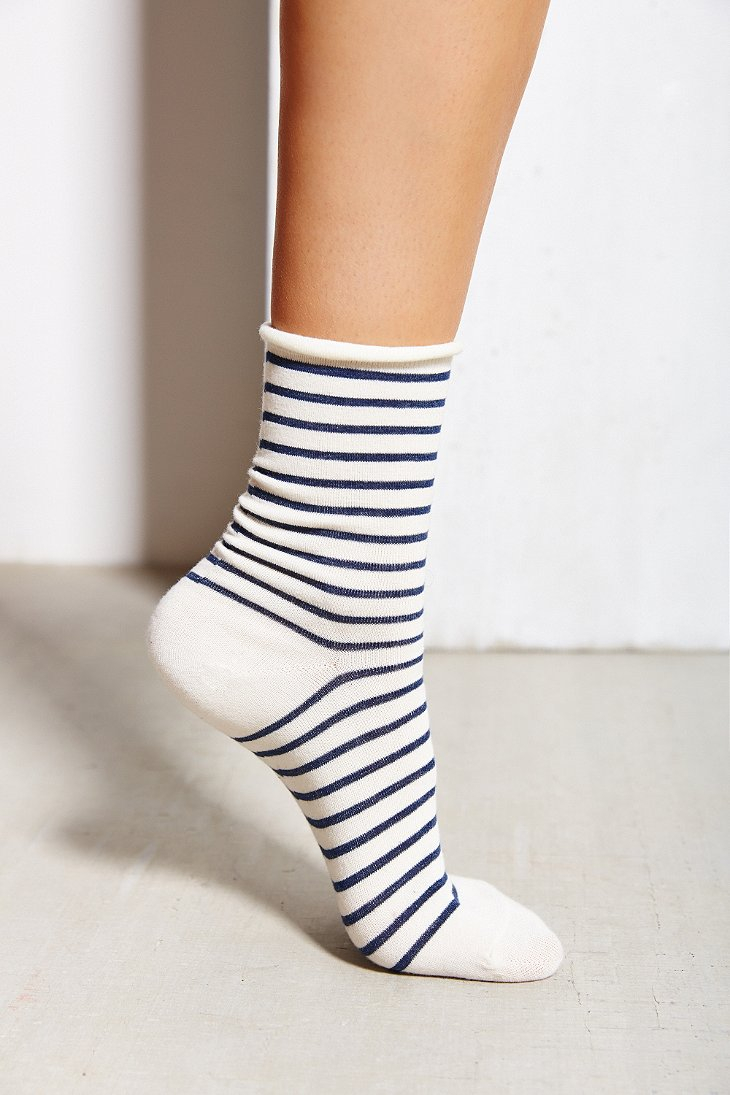 Urban outfitters Striped Roll Cuff Ankle Sock in White | Lyst
