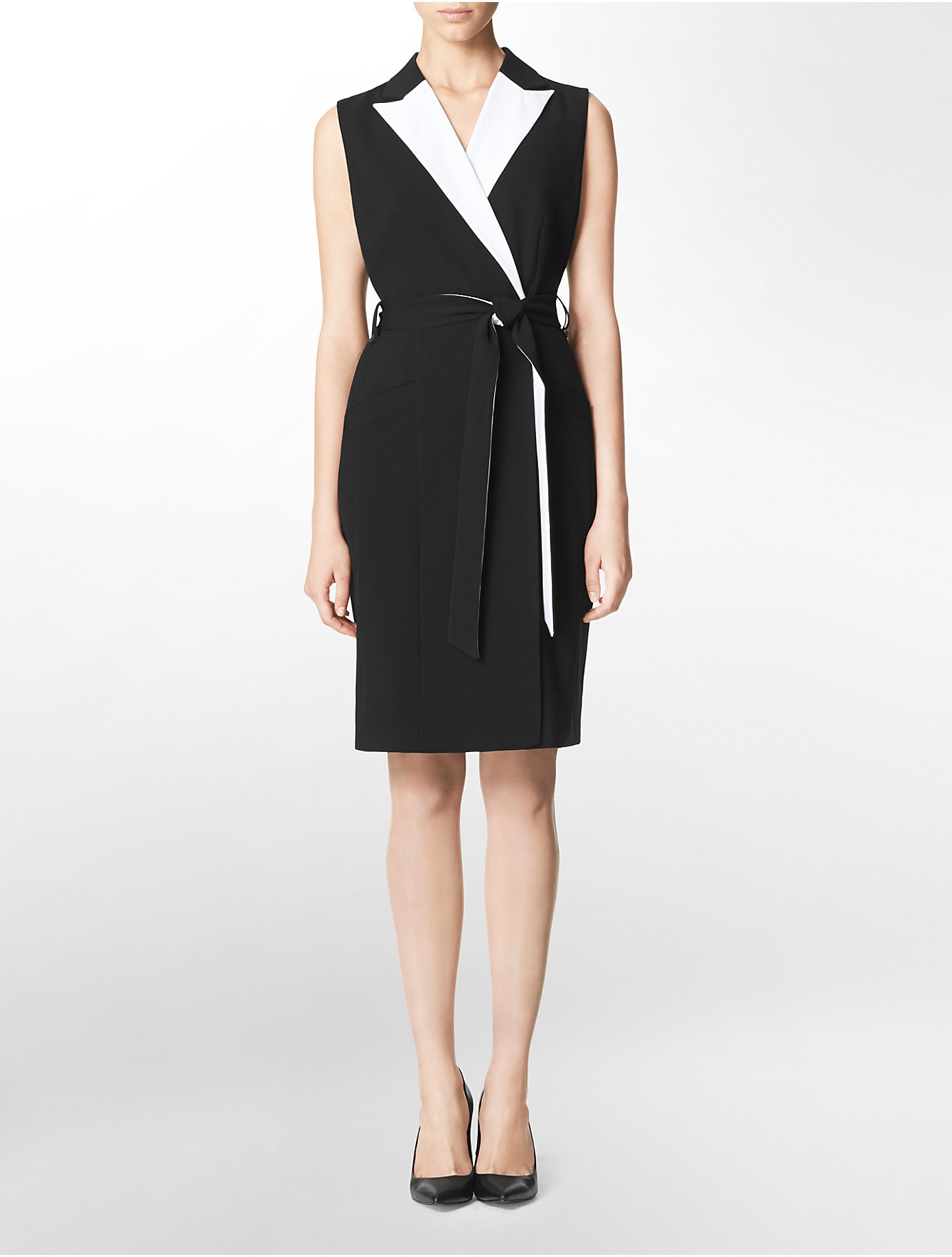 Calvin Klein White Label Colorblock Faux Wrap Belted Sleeveless 