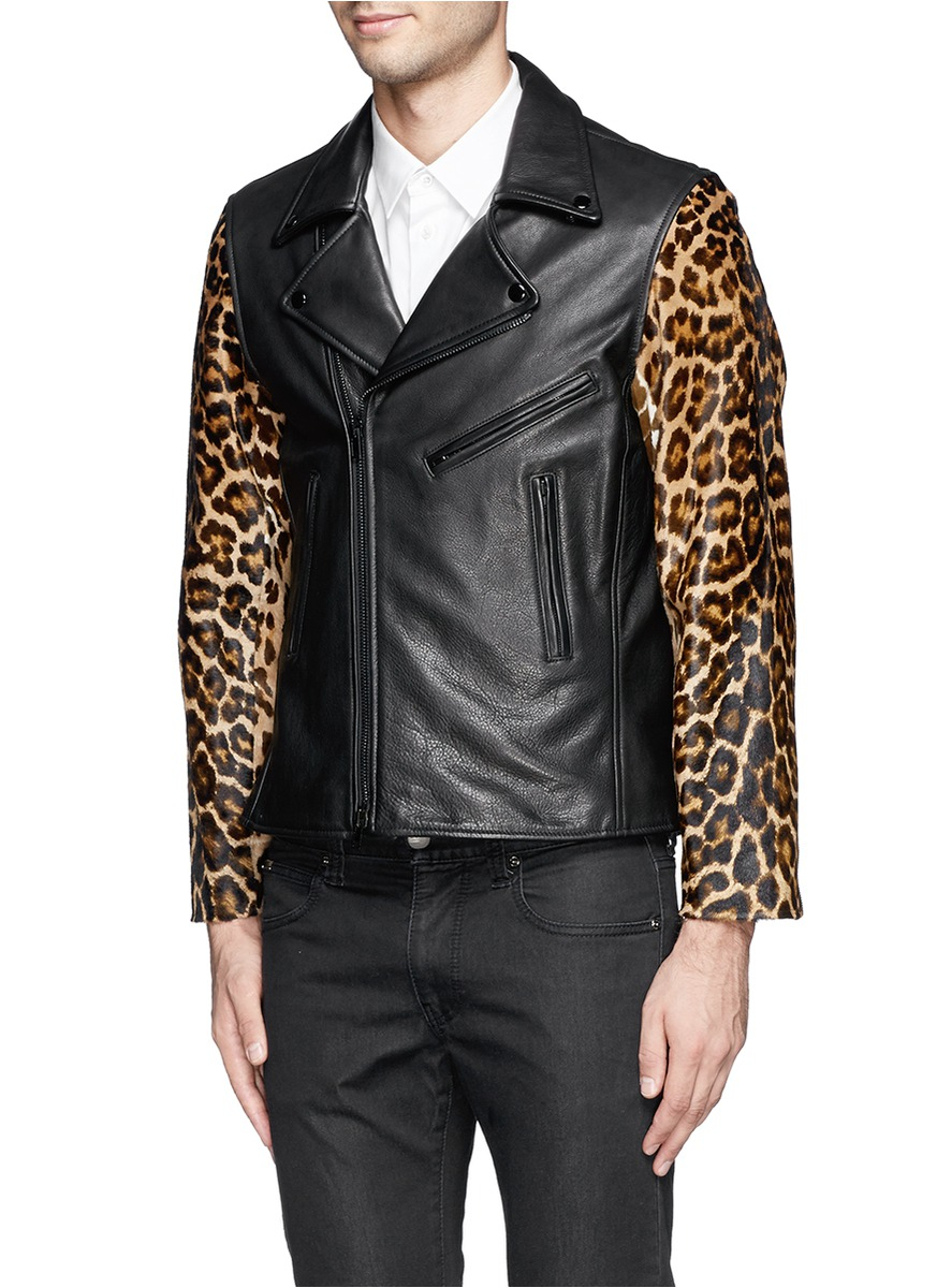 Ovadia And Sons Multicolor Leopard Print Pony Hair Sleeve Leather Biker Jacket For Men