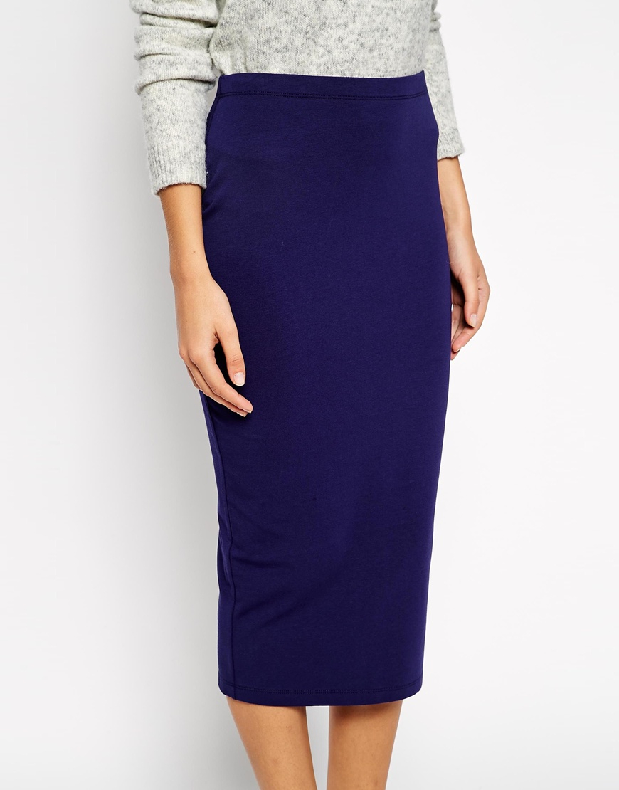 Asos Midi Pencil Skirt In Jersey in Blue (Navy) Lyst
