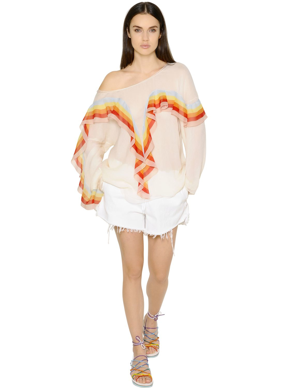 Chloé Rainbow Strips Ruffled Silk Crepon Shirt in Pink | Lyst