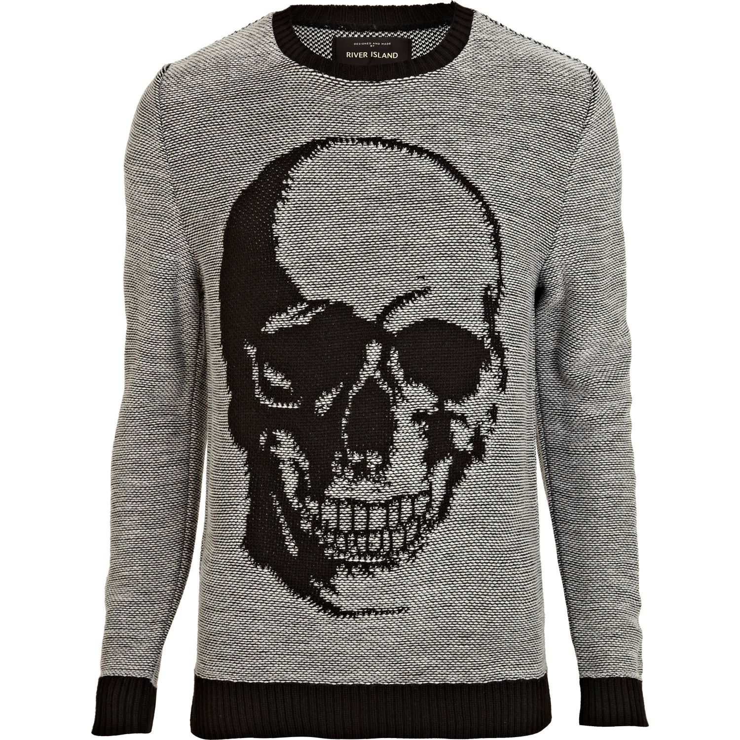 River island Black Skull Print Crew Neck Jumper in Black for Men Lyst