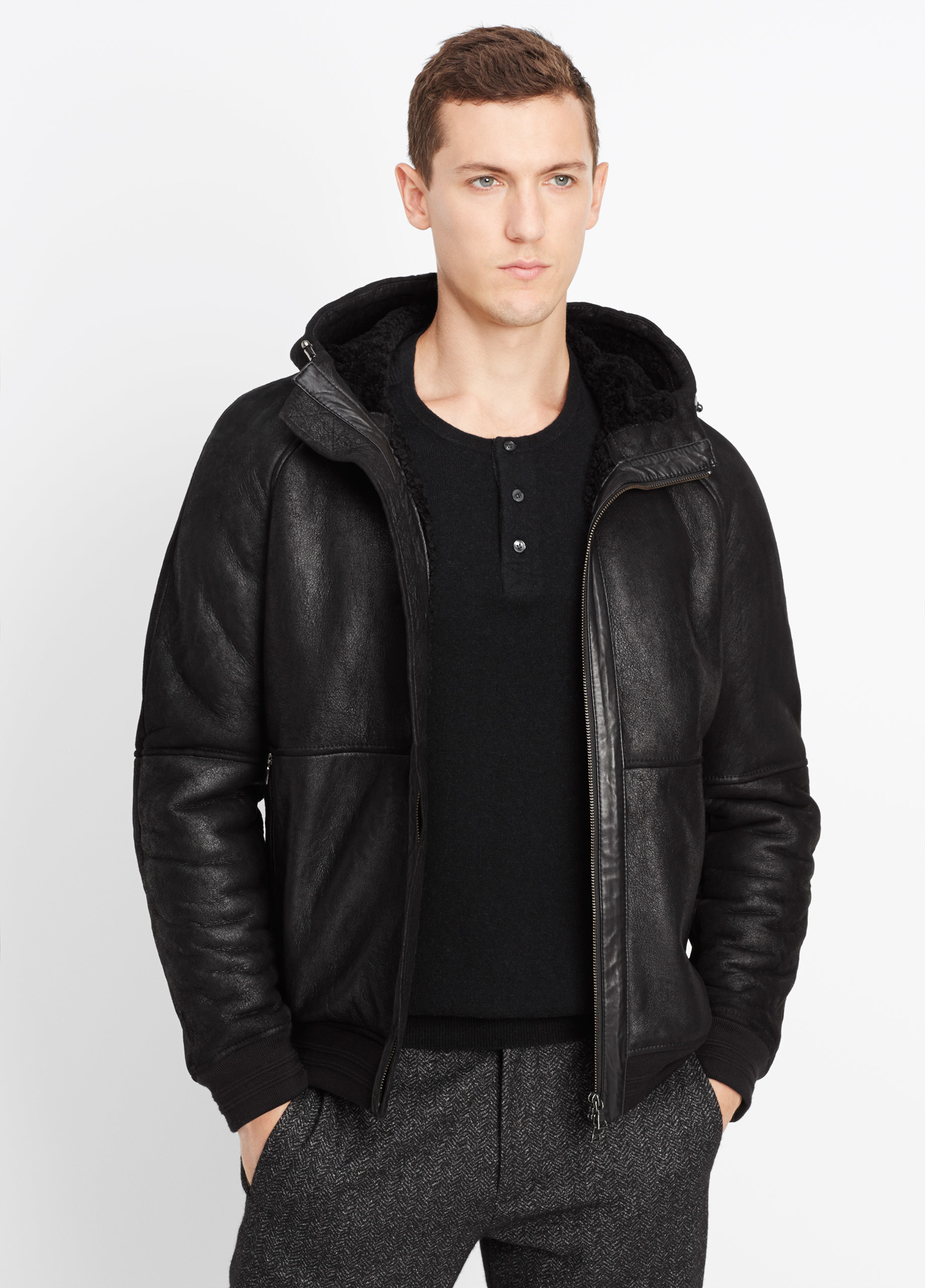 black shearling bomber jacket mens