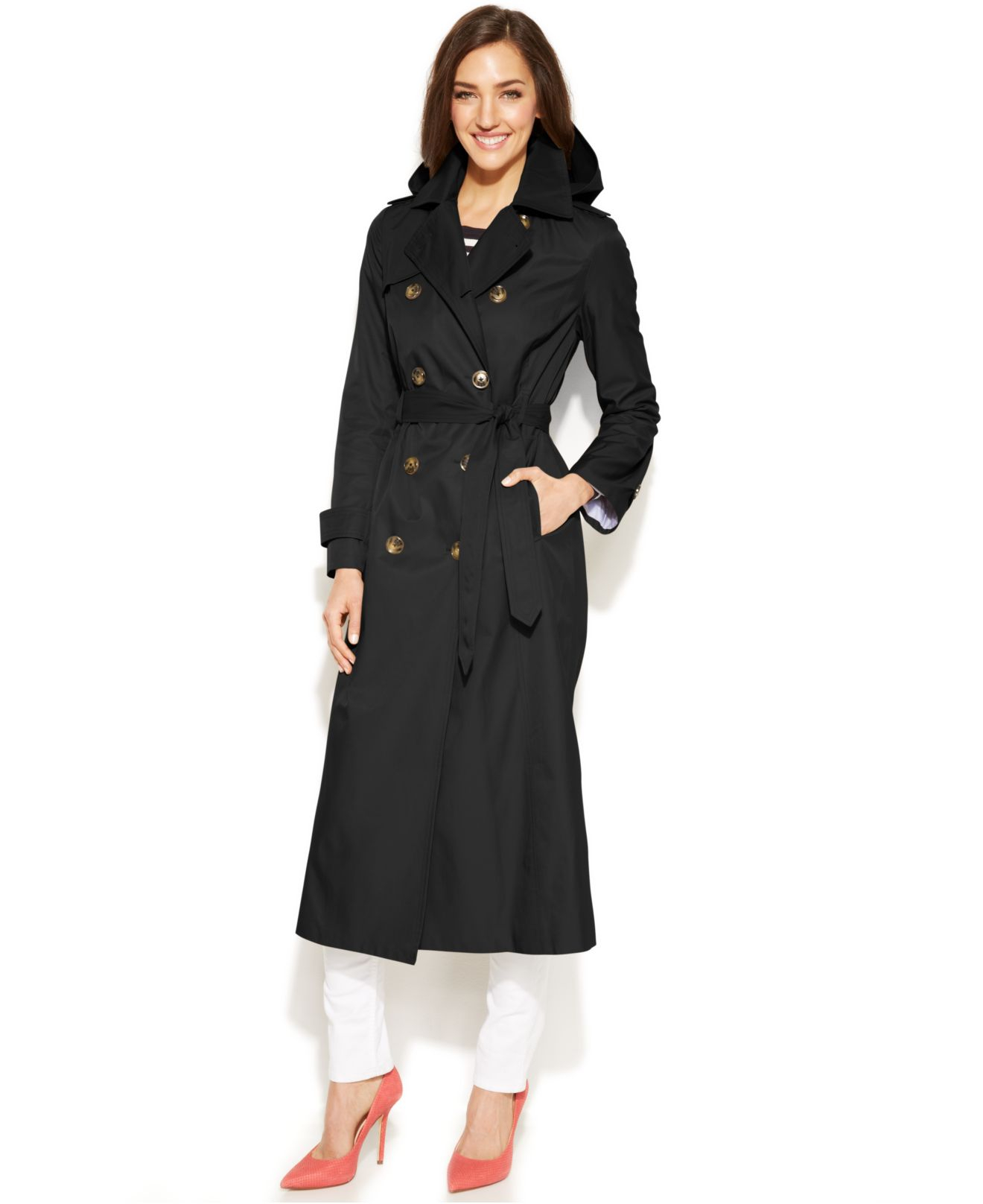London Fog Hooded Double-Breasted Maxi Trench Coat in Black | Lyst