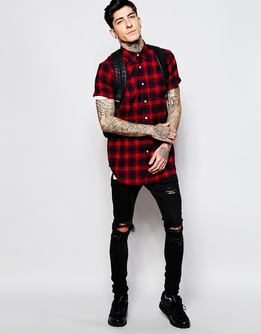 ASOS Check Shirt In Flannel With Short Sleeve Longline in Red for Men | Lyst