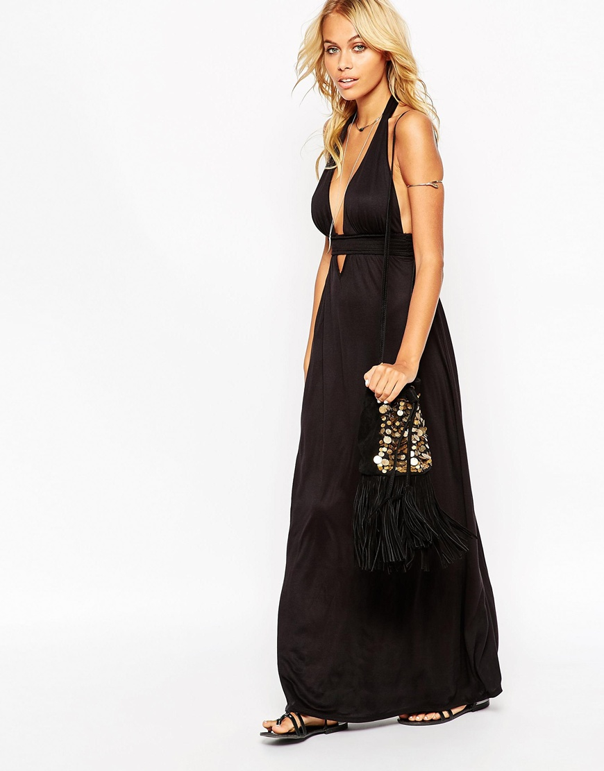 ASOS Synthetic Jersey Ruched Halter Maxi Beach Dress in Black - Lyst