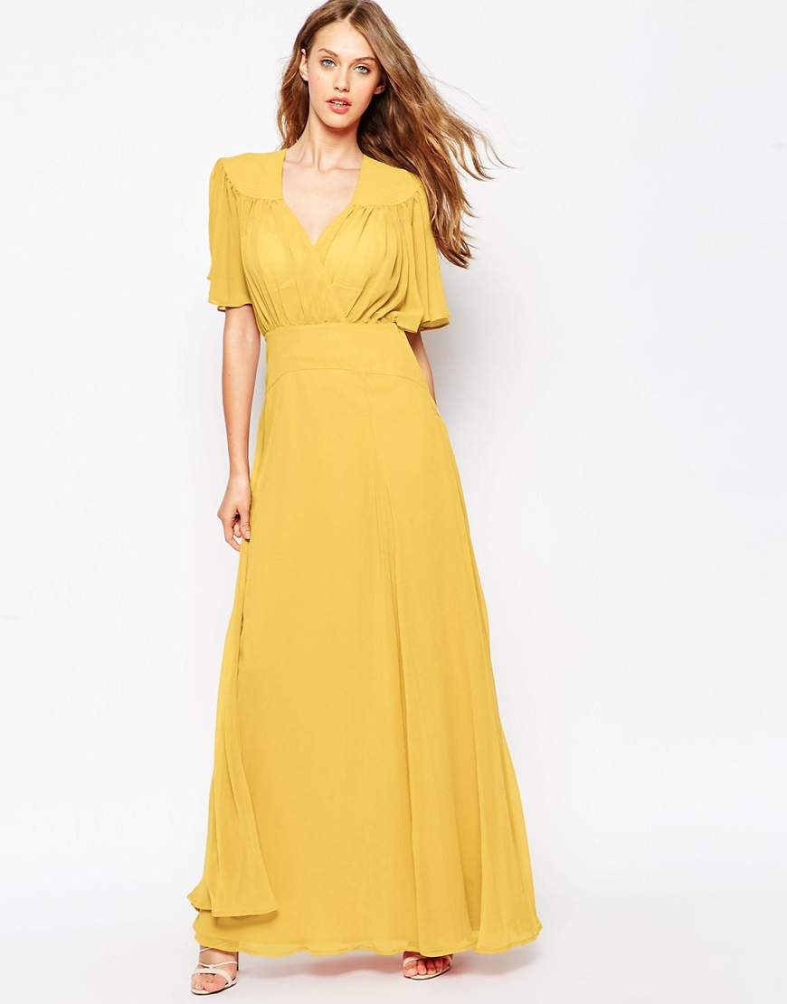 ASOS Chiffon Maxi Dress With Stitch Shoulder Detail in Yellow - Lyst