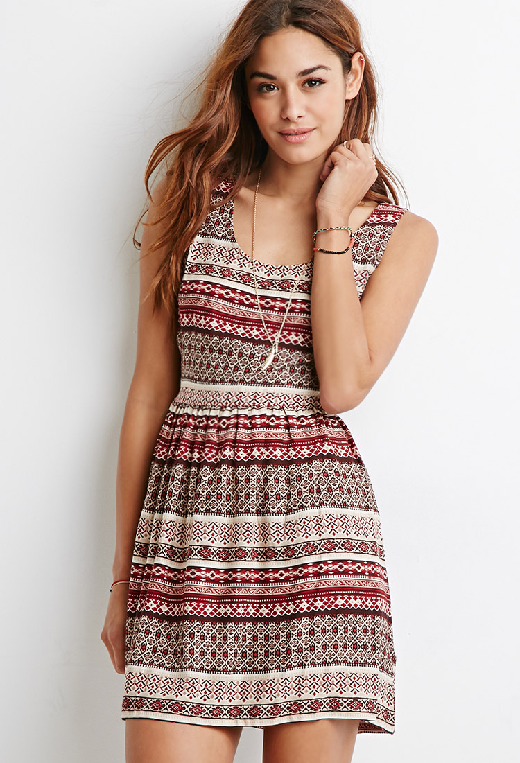 Forever 21 Print Babydoll Dress In Taupe Rust Brown Lyst