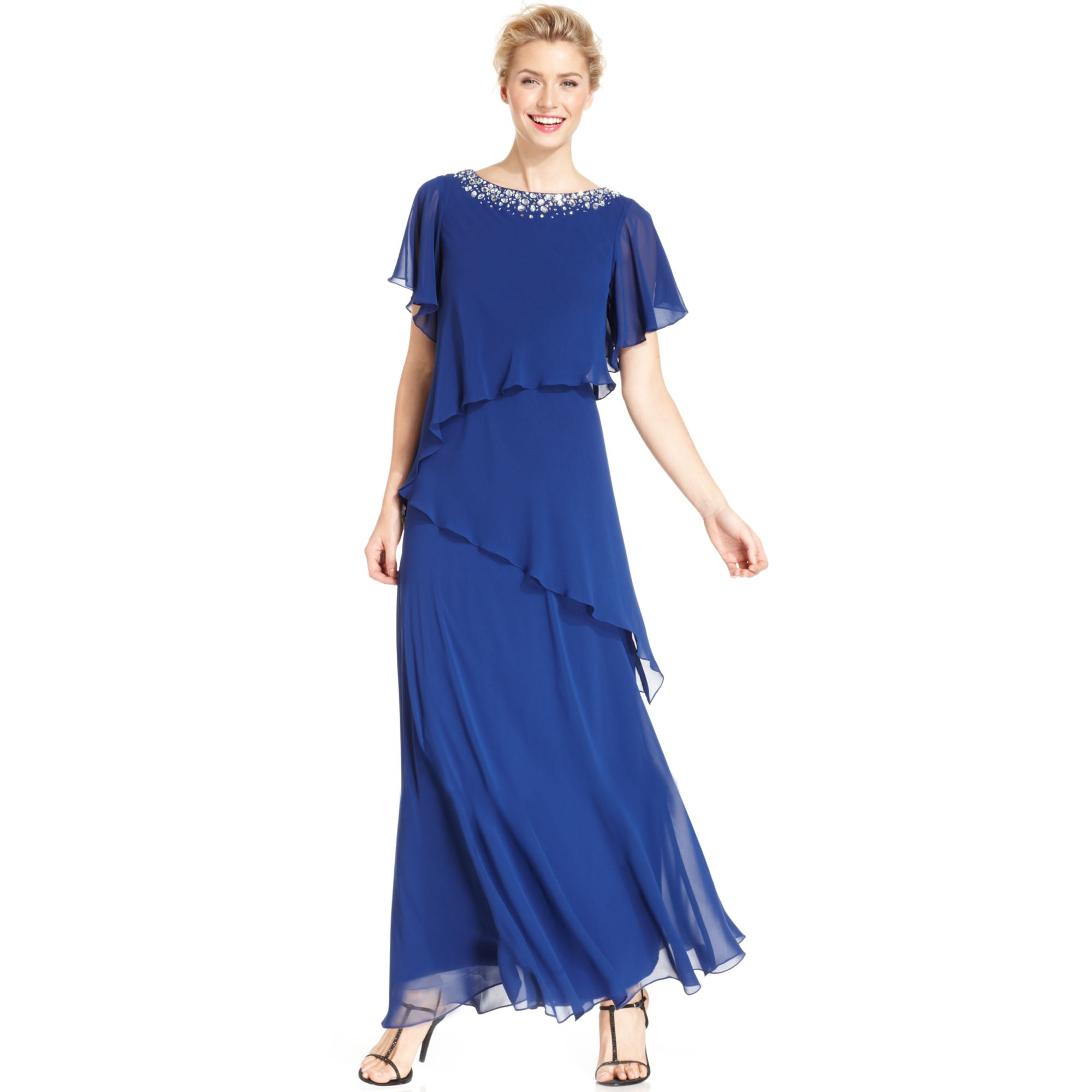 Alex Evenings Fluttersleeve Embellished Tiered Gown in Electric Blue