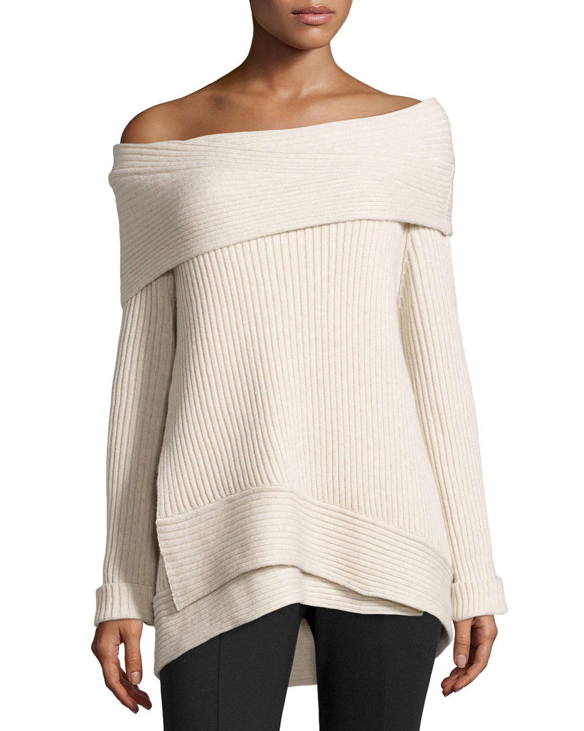 Donna karan Off-The-Shoulder Ribbed Cashmere Sweater in Natural | Lyst