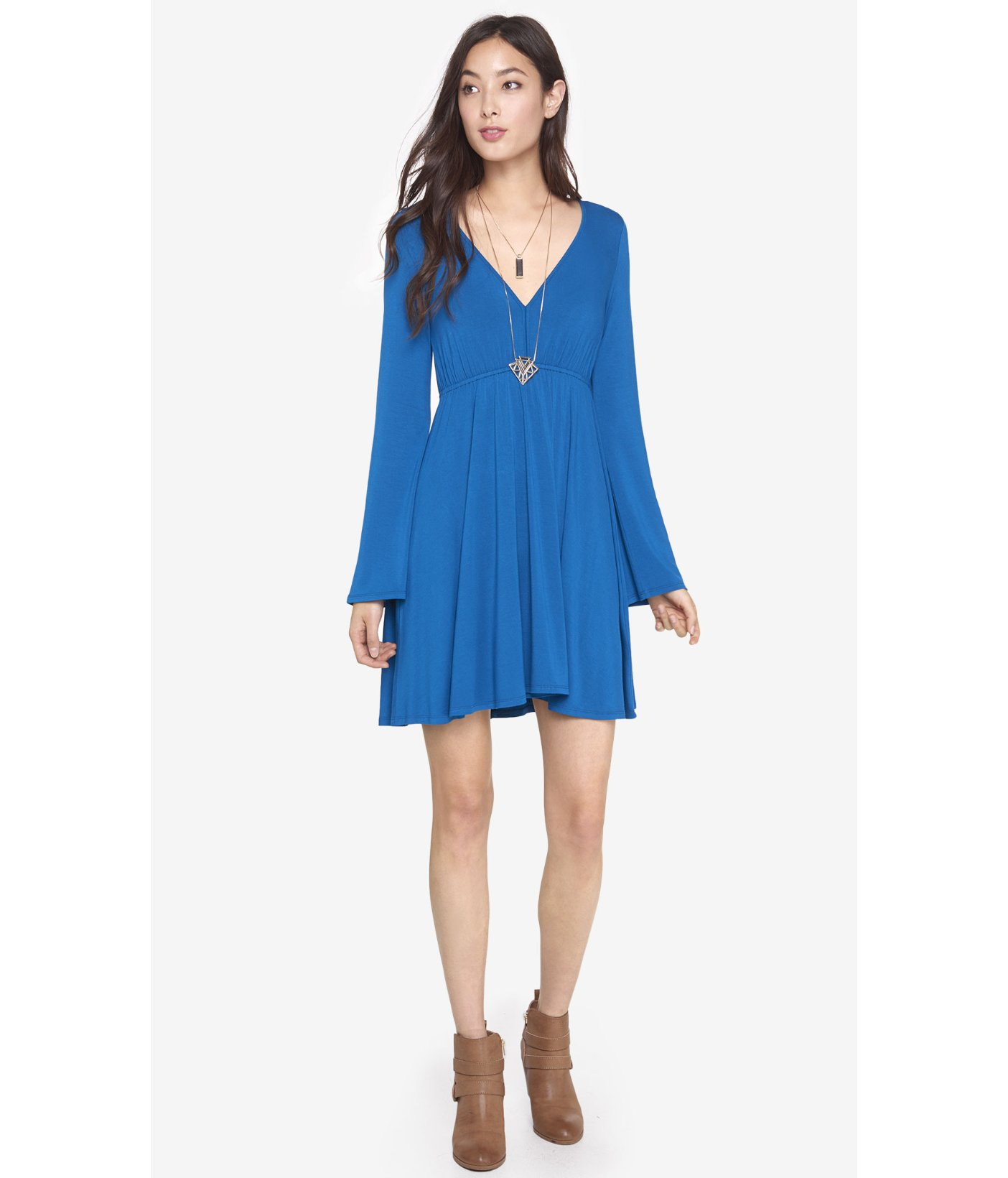 Lyst Express Teal Vneck Bell Sleeve Dress in Blue