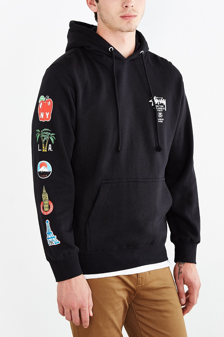 Stussy World Tour Flags Pullover Hoodie Sweatshirt in Black for