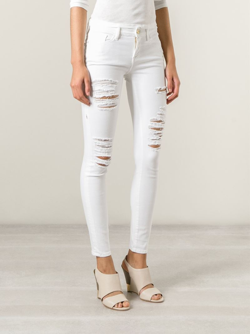 Lyst - Frame Distressed Skinny Jeans in White