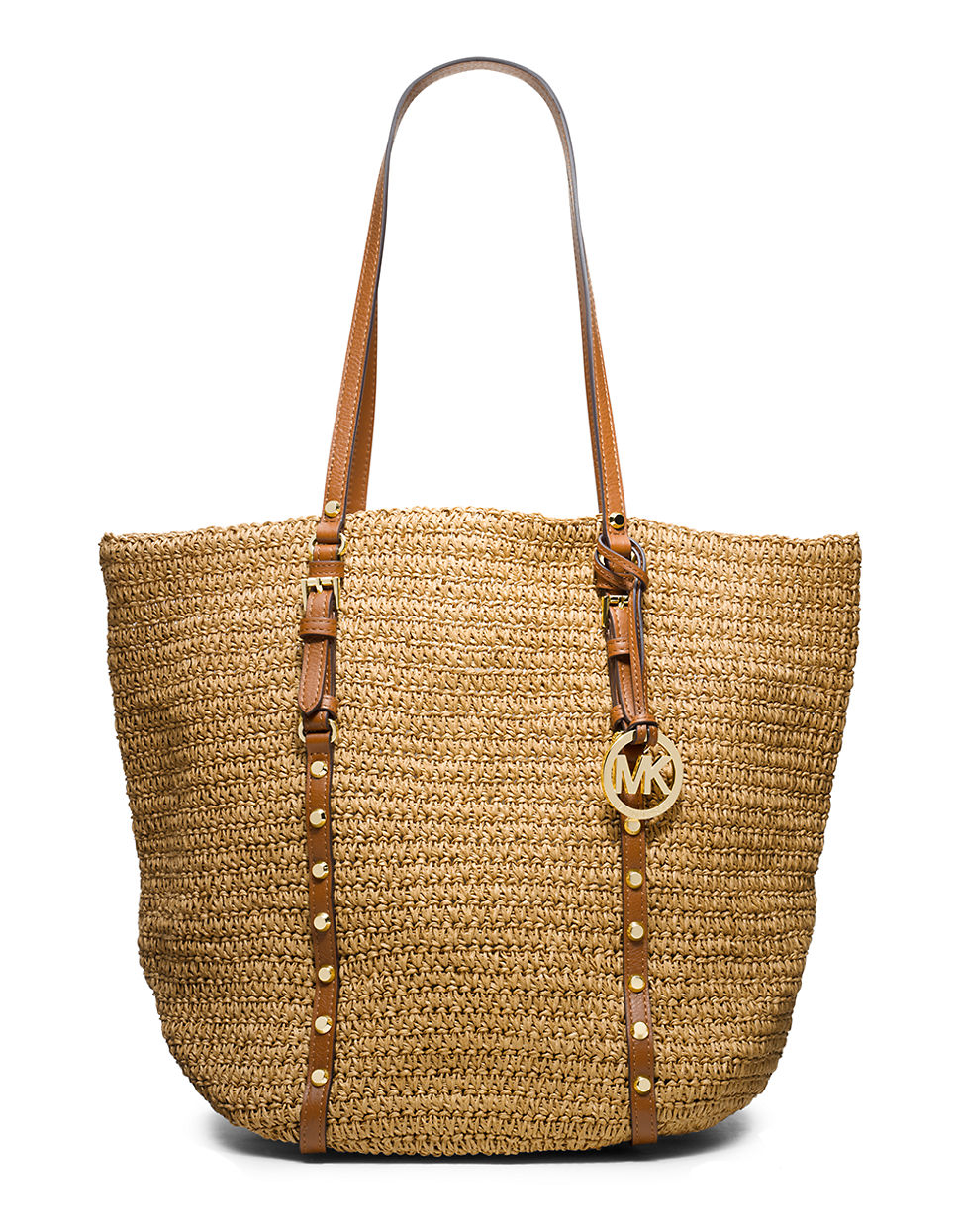 MICHAEL Michael Kors Straw And Studded Leather Large Shopper Tote Bag in Brown - Lyst