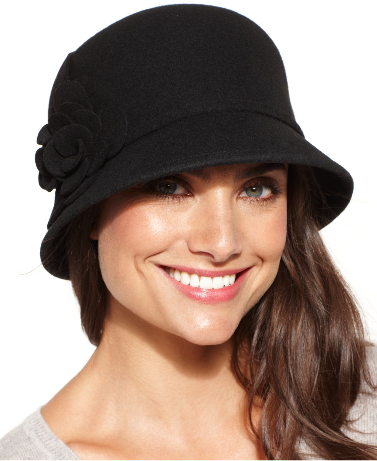 Nine West Wool Felt Cloche Hat with 3D Flower Detail Black One Size 