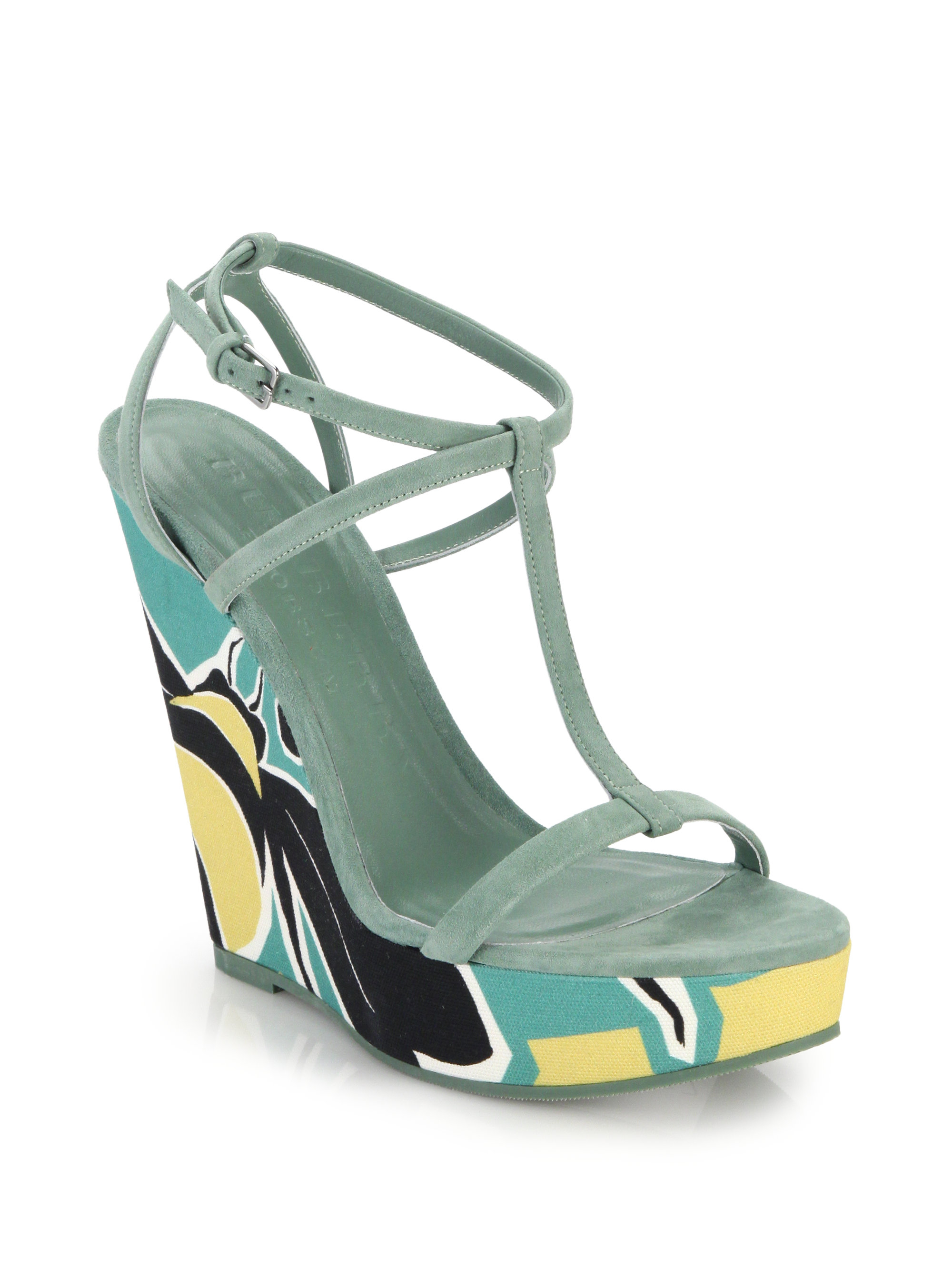 Burberry Prorsum Tindalson Printed Canvas-Wedge Suede Sandals in Green ...