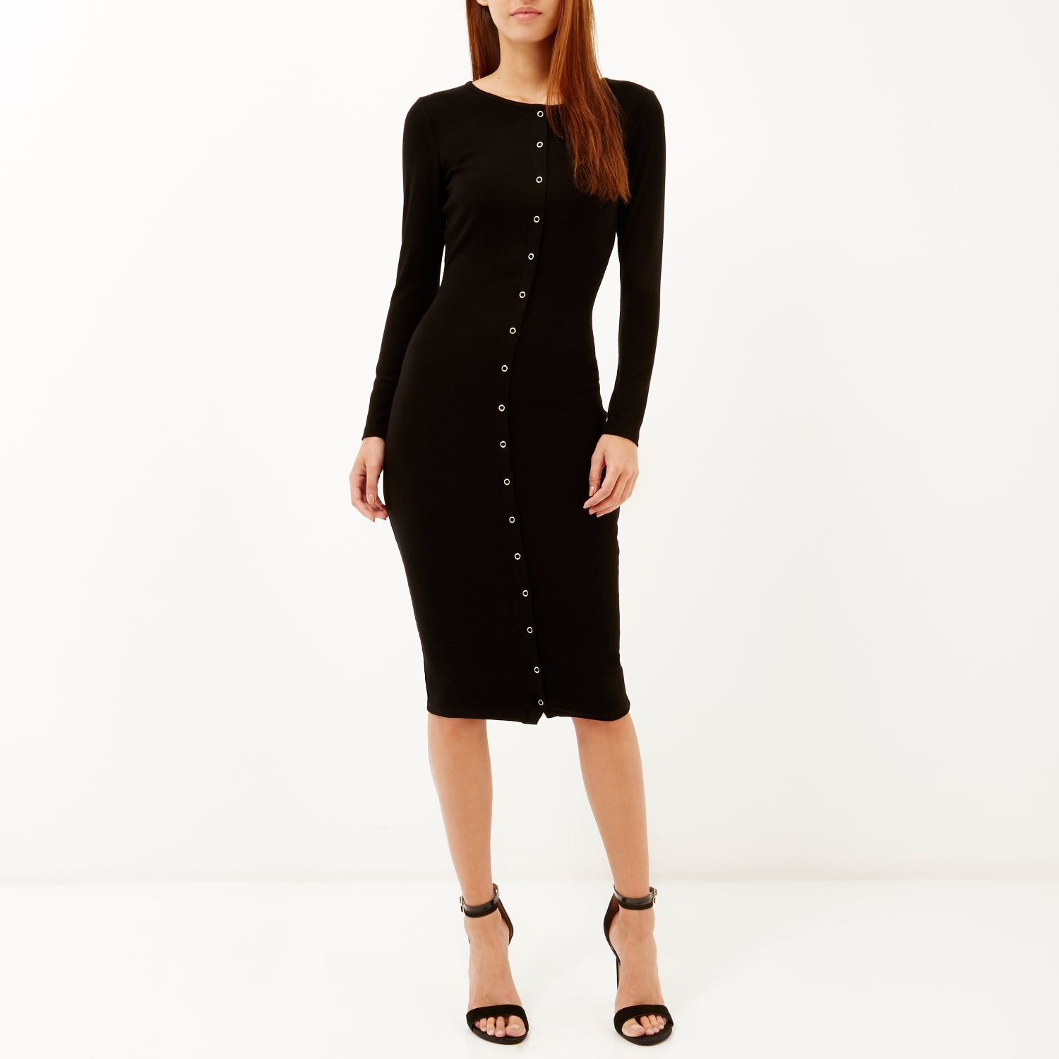 River Island Black Popper Ribbed Column Dress Lyst
