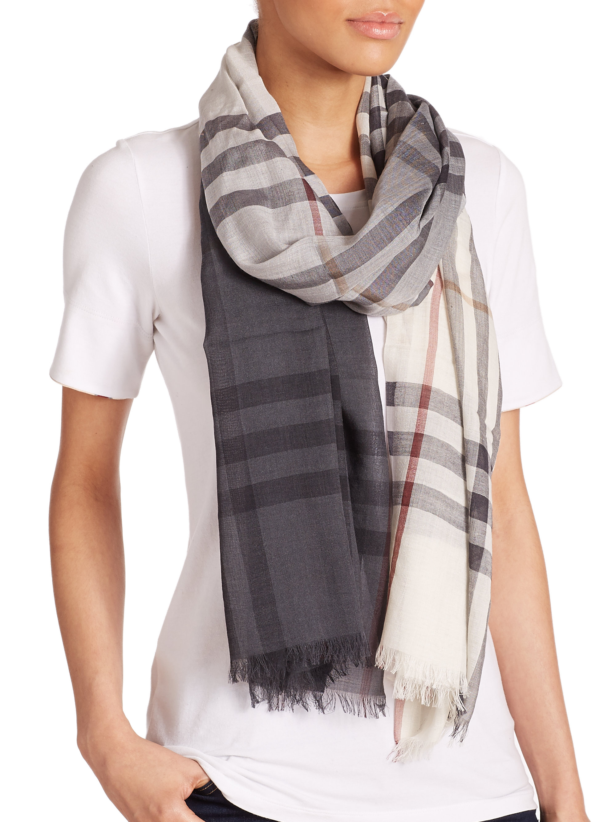 Burberry Check Cashmere Scarf in Gray Lyst