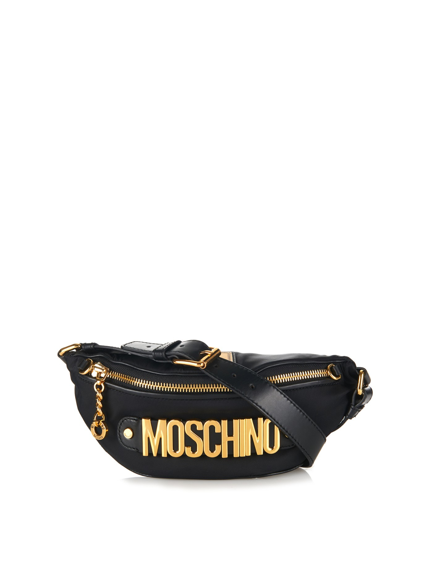 Lyst - Moschino Lettering Leather And Nylon Belt Bag in Black