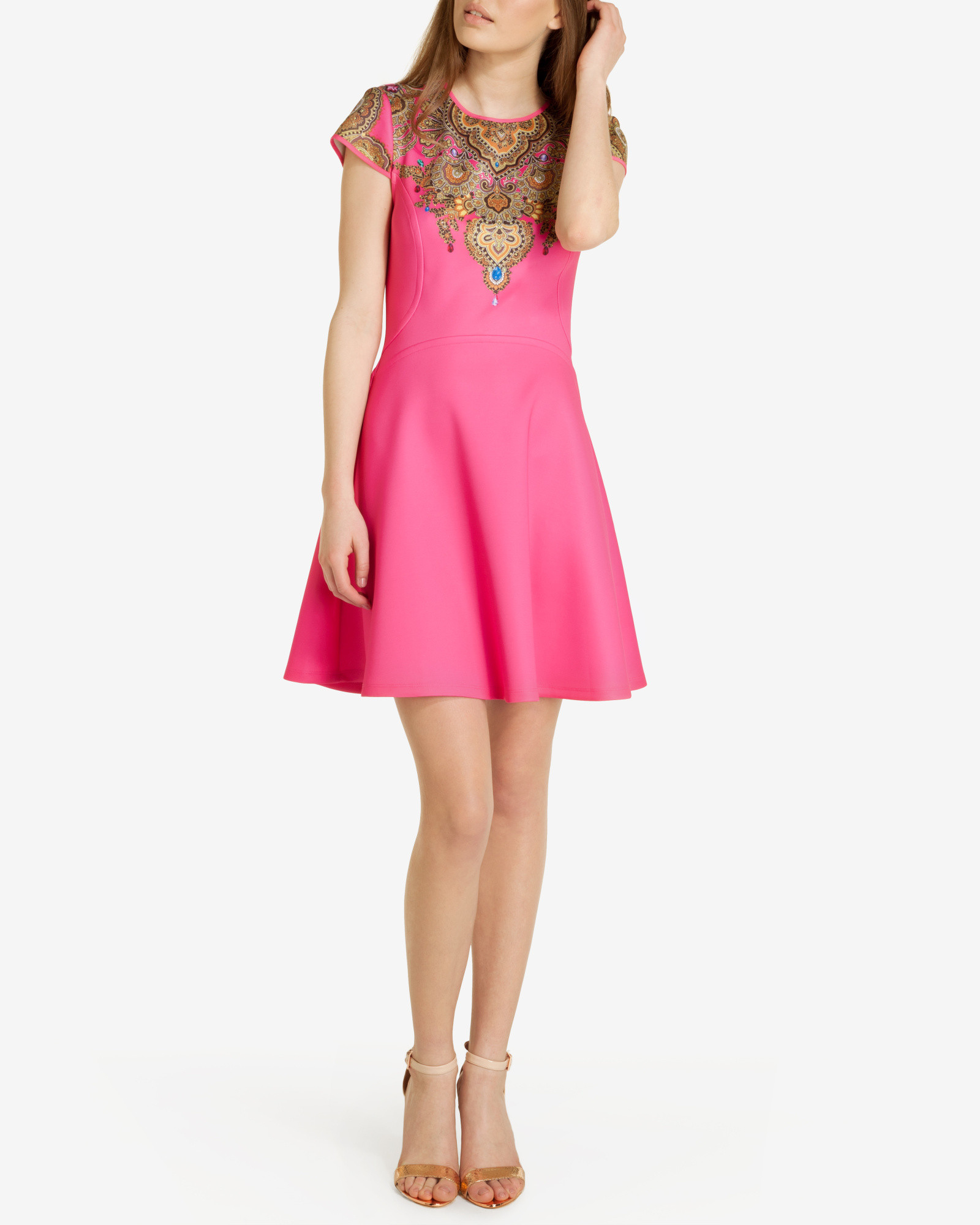 Ted baker Marliza Jewel Neoprene Skater Dress in Pink (Bright Pink) | Lyst
