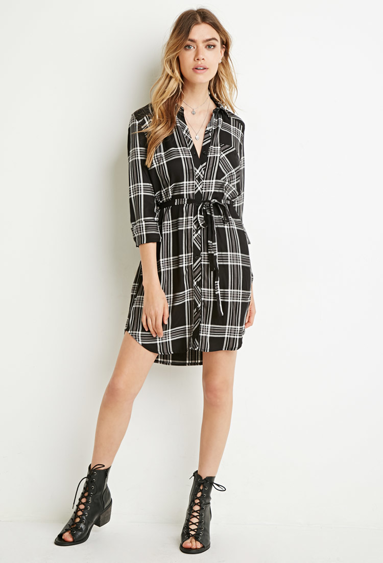 Forever 21 Belted  Plaid  Shirt  Dress  in Black Lyst