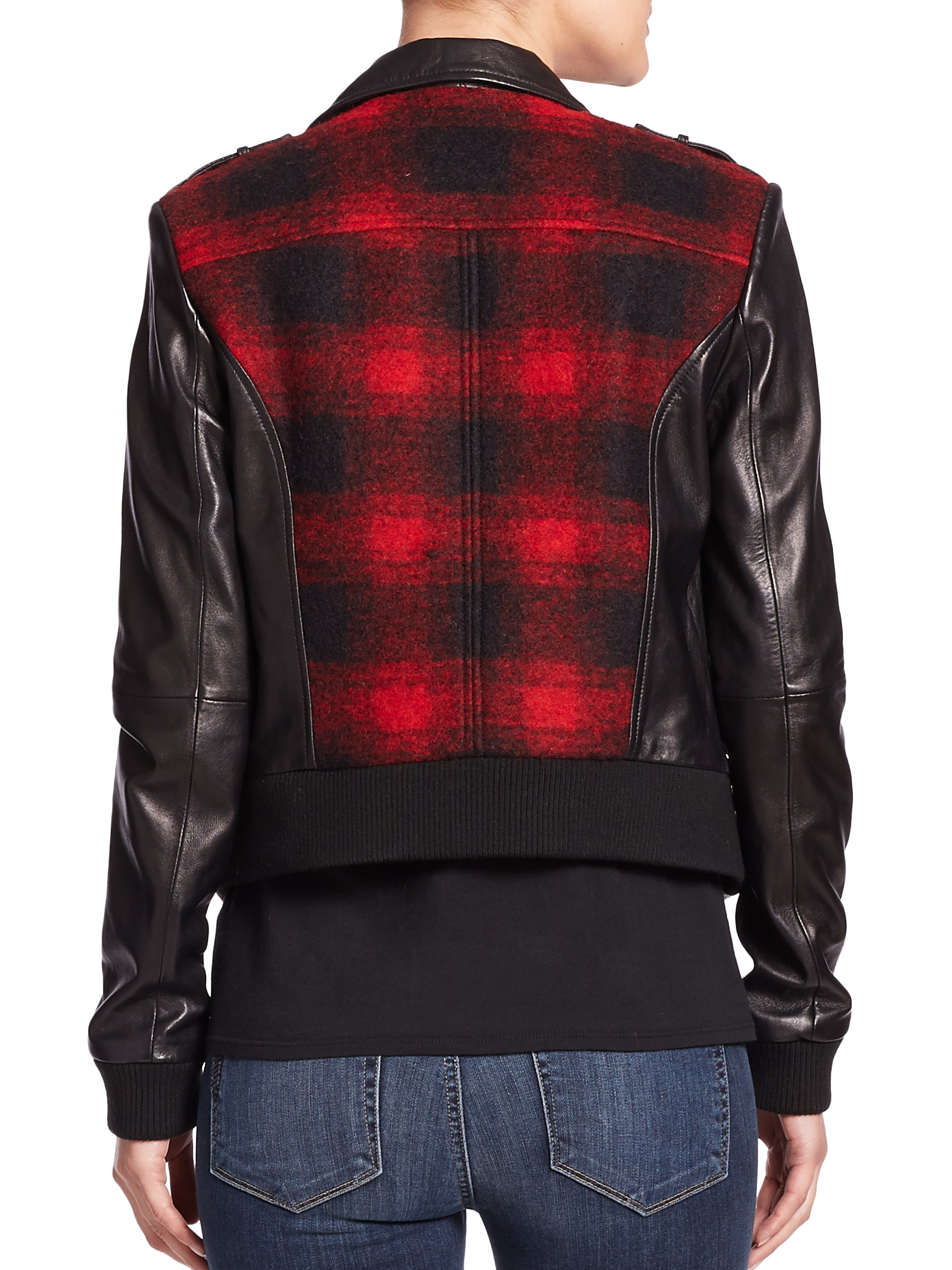 Lyst Paige Shelley Plaid Leather Moto Jacket in Black