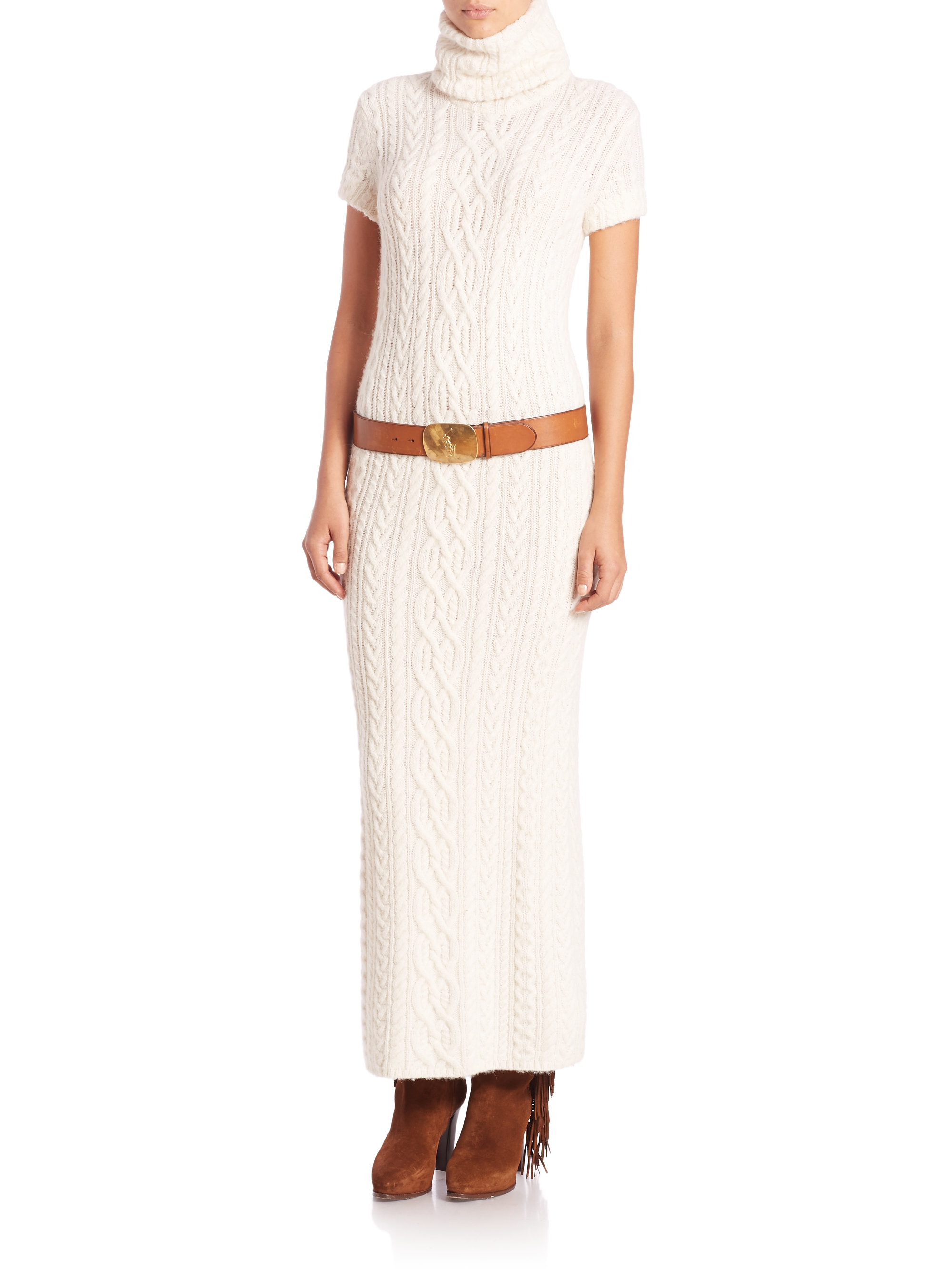 Polo Ralph Lauren Cableknit Turtleneck Sweater Dress in Cream (Natural