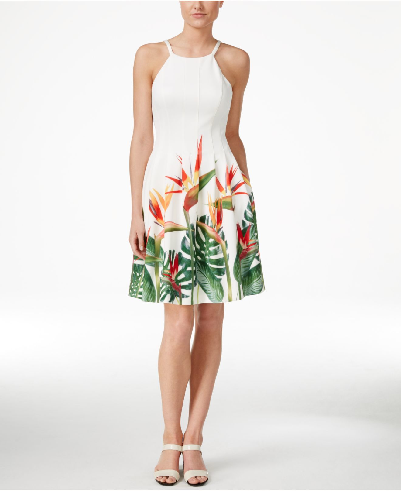 Calvin Klein Tropical-print Fit & Flare Halter Dress in White | Lyst