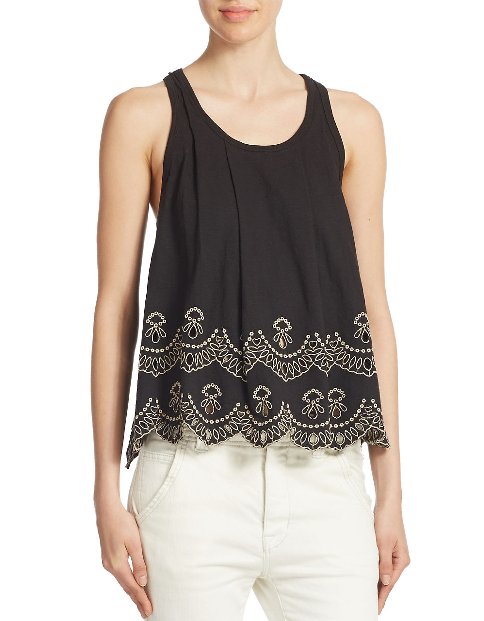Free People Embroidered Cotton Tank Top in Black | Lyst