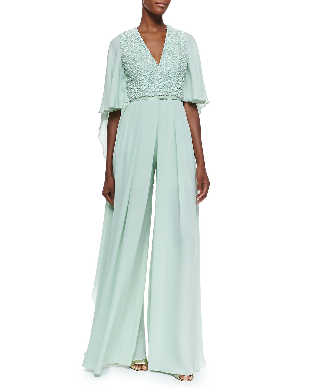 Elie saab Embellished Wide-leg Silk Jumpsuit in Green | Lyst