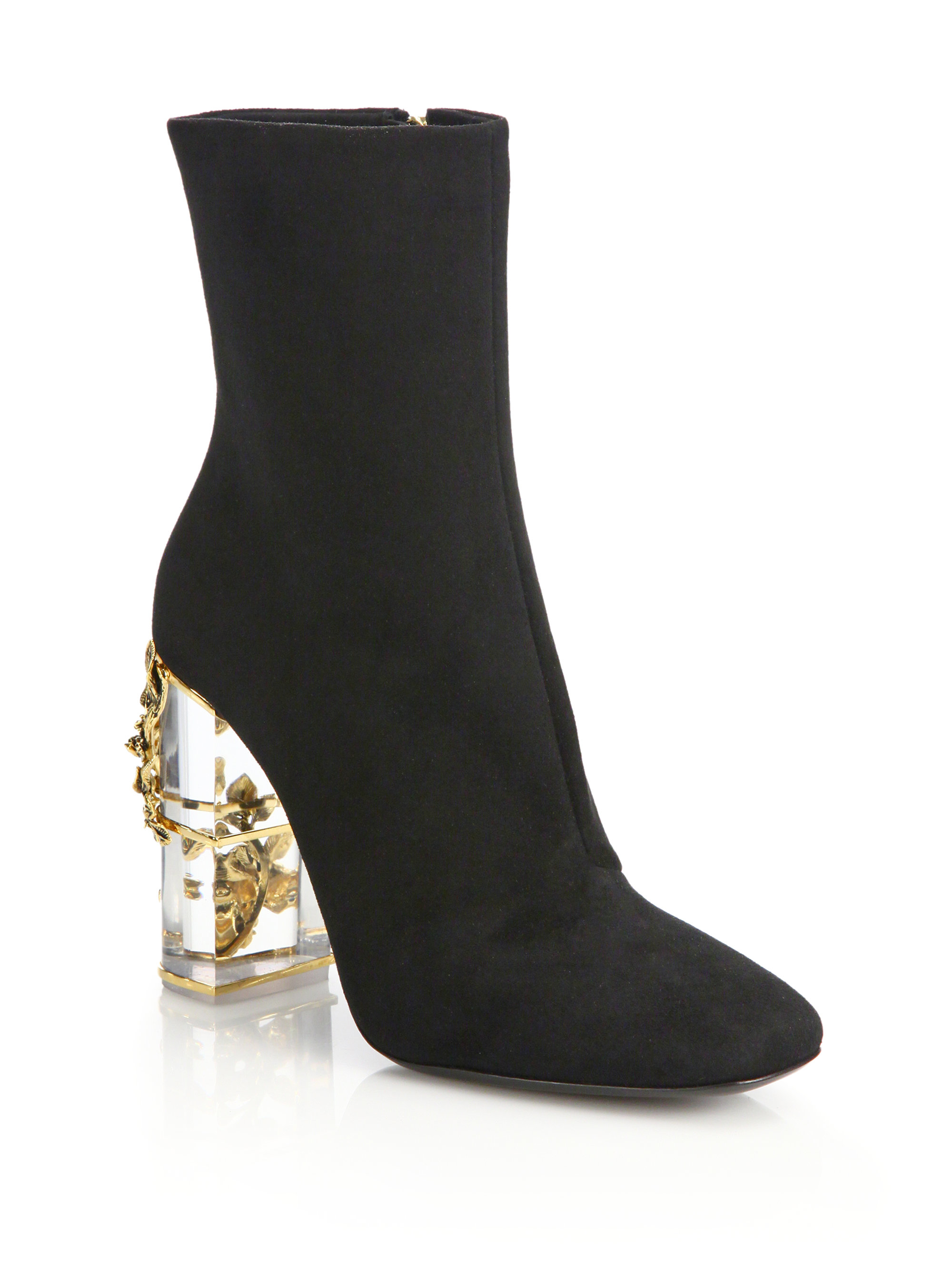 Lyst - Roberto Cavalli Suede & Embellished Lucite-heel Booties in Black