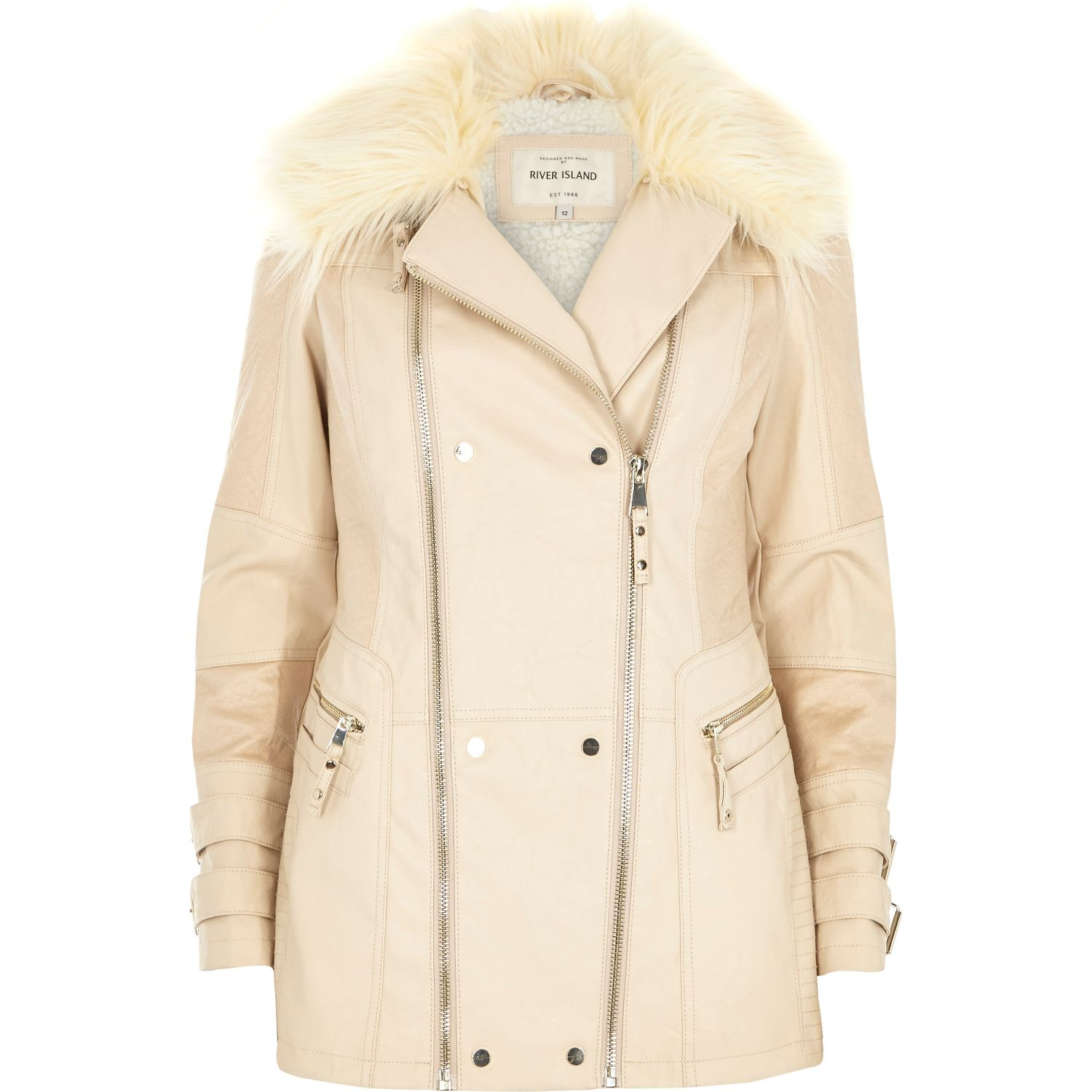River Island Cream Leather Look Faux Fur Collar Jacket In Natural Lyst Gallery